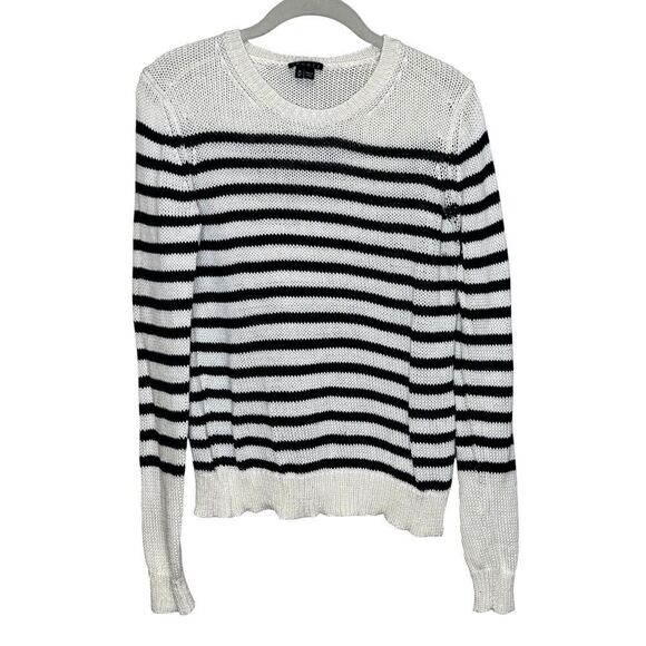 THEORY Poised Saida Striped Cotton Sweater Size Medium Navy Cream - Picture 1 of 8